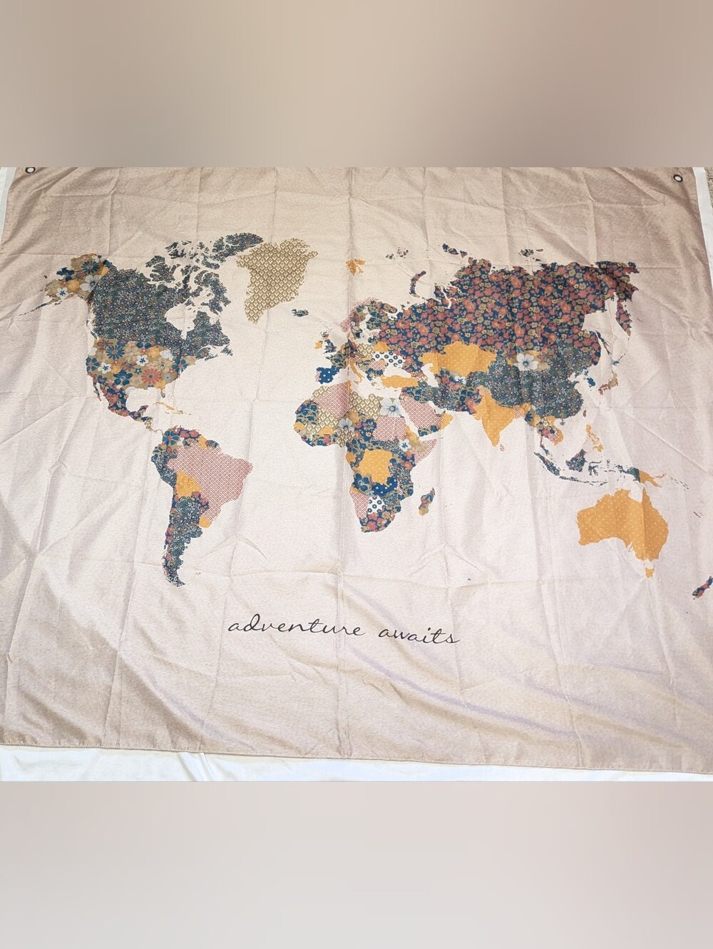 Adventure Awaits Floral Lg World Map Patchwork Print Wall Hang Decor 57" X 50"